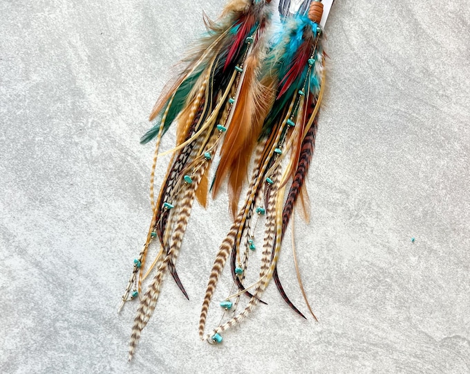 Boho Feather Earrings: Turquoise Stone, Rooster & Grizzly Feathers