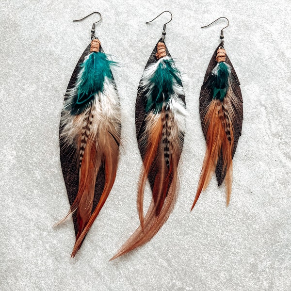 Fringe feather earring, feather earrings, leather earrings, statement earring, western, turquoise, brown, pheasant feather,