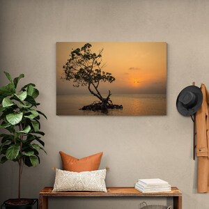 May include: A photograph of a lone tree growing out of the water at sunset. The tree is silhouetted against the orange sky and the water is calm and reflective. The image is framed and hanging on a wall in a home.