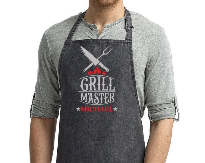 Personalized Grill Master Denim Apron Grilling Gift for Guys, Dads or any Bar B Que Master