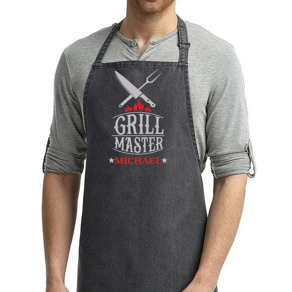 Personalized Grill Master Denim Apron Grilling Gift for Guys, Dads or any Bar B Que Master