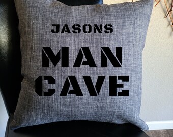 Personalized Man Cave Pillow Cover: Linen Look, Guys Gift