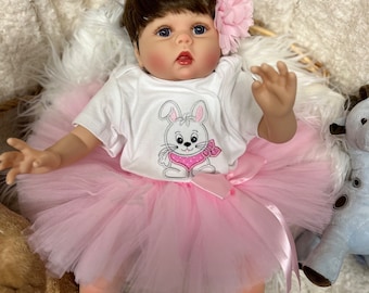 Girls Easter Outfit: Embroidered Bunny Onesie, Pink Tutu & Headband