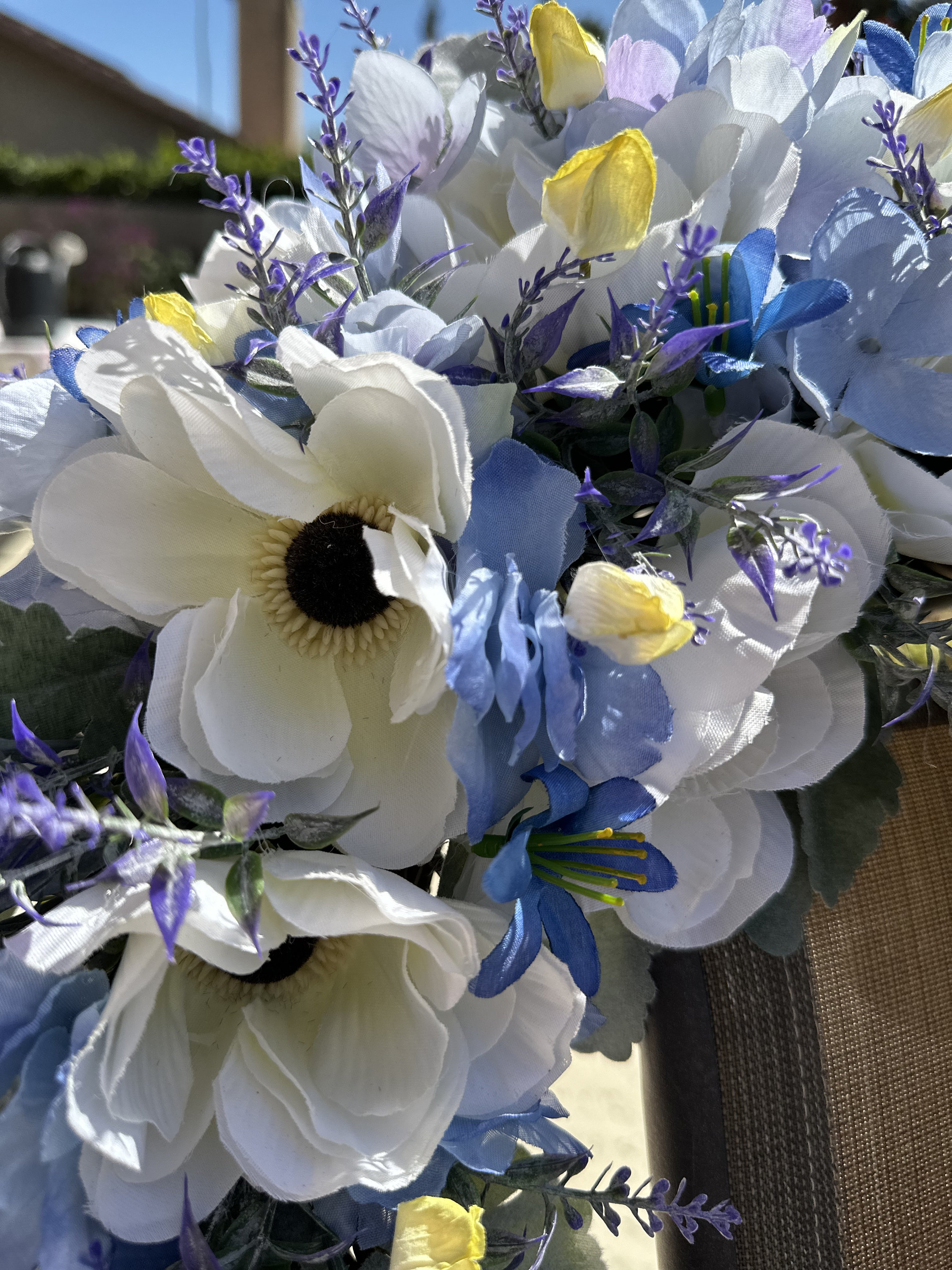 Romantic Shades of Blue Silk Flowers Featuring White Anemonies. Sage
