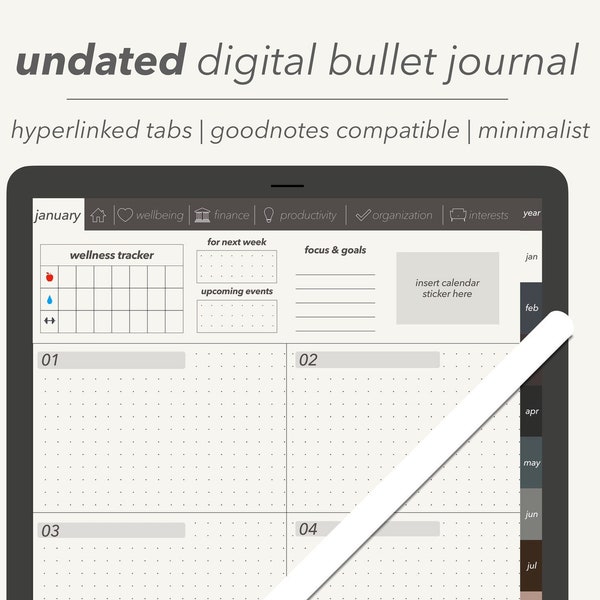Undated Bullet Journal for GoodNotes, ADHD Digital Planner Organizer, Monthly & Daily iPad Agenda - Digital Stickers for Diary, Hyperlinked