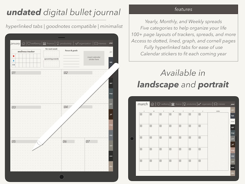 May include: A digital bullet journal app on a tablet screen. The app features a calendar view with a monthly layout, a wellness tracker, and a focus and goals section. The app is available in landscape and portrait mode.