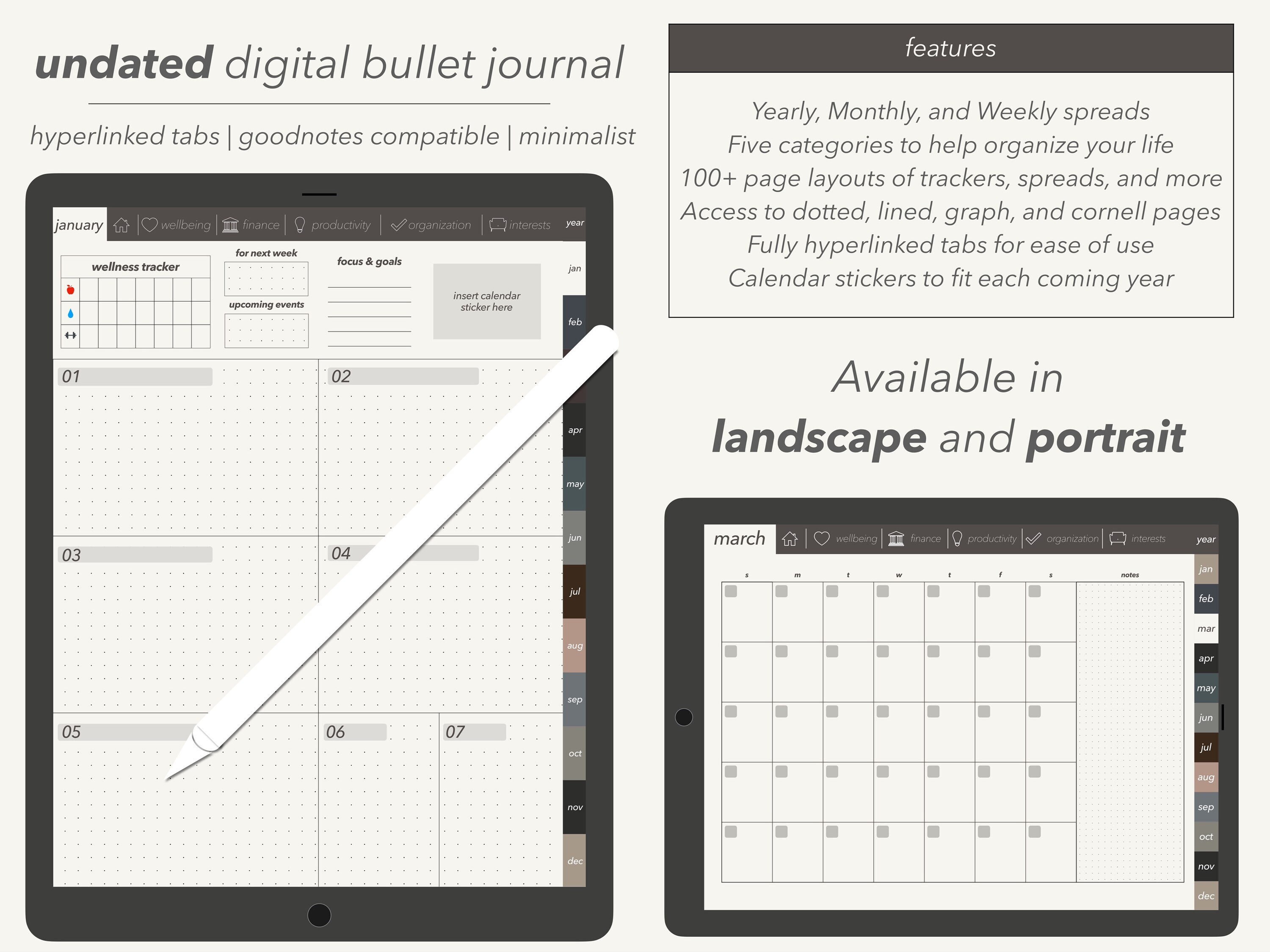 Undated Bullet Journal for Goodnotes, ADHD Digital Planner Organizer ...