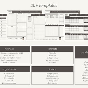 May include: A digital planner with 20+ templates for wellness, interests, organization, finance, and productivity. The templates include trackers for mood, sleep, stress, habits, medication, and more.
