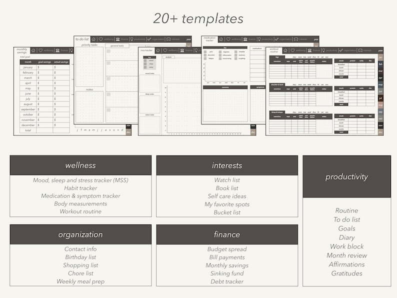 May include: A digital planner with 20+ templates for wellness, interests, organization, finance, and productivity. The templates include trackers for mood, sleep, stress, habits, medication, and more.