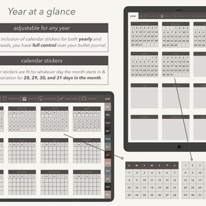 May include: A printable year-at-a-glance calendar template with a gray background and black text. The calendar is divided into 12 months, with each month having its own grid. The calendar also includes a section for notes and a section for stickers. The calendar is adjustable for any year.