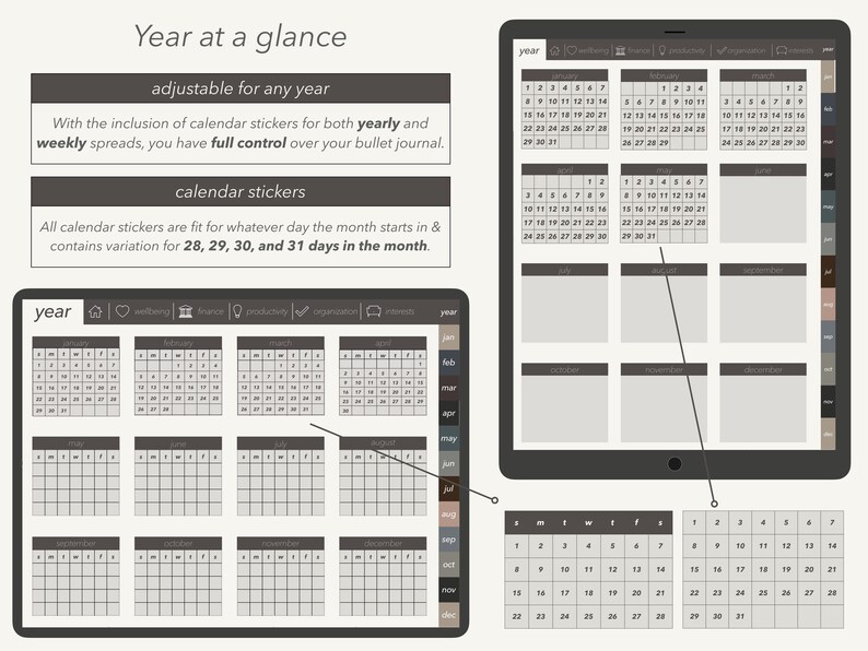 May include: A printable year-at-a-glance calendar template with a gray background and black text. The calendar is divided into 12 months, with each month having its own grid. The calendar also includes a section for notes and a section for stickers. The calendar is adjustable for any year.