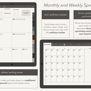May include: A digital planner template for January with a monthly calendar, weekly spreads, and a mini wellness tracker. The template includes sections for focus, goals, and upcoming events.