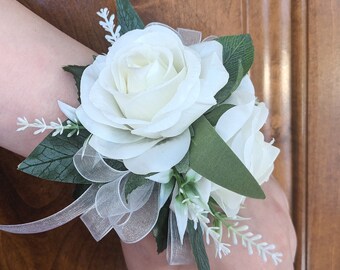 Prom Corsage and Boutonniere Set (2pc) White Real Touch Latex Rose Artificial Flowers