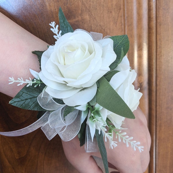 Prom Corsage and Boutonniere Set (2pc) White Real Touch Latex Rose Artificial Flowers