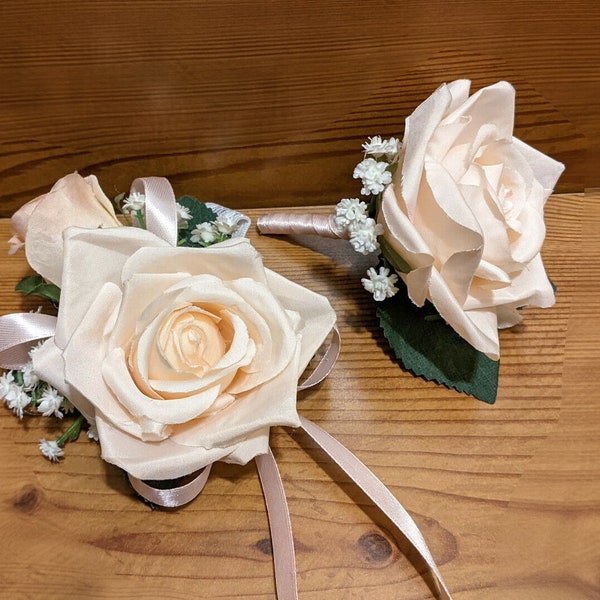 Artificial Flowers Light Pink Rose Wrist Corsage and Boutonniere