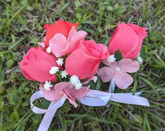 Coral Rosebud Wrist Corsage and Boutonniere - Artificial Prom Flowers