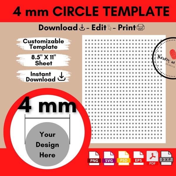 Modello Cabochon da 4 mm, Modello circolare, Foglio adesivo rotondo vuoto, Svg, Png, Psd, Dxf, Eps, Pdf, Modificabile, Stampabile, Fai da te, 8,5"X11"