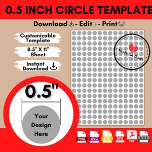 以下が含まれることがあります： 0.5インチの円を作成するためのデジタルテンプレート。テンプレートは8.5インチ×11インチで、グレーの円のパターンが含まれています。テンプレートはPNG、SVG、PSD、EPS、PDF、DXF形式でダウンロードできます。