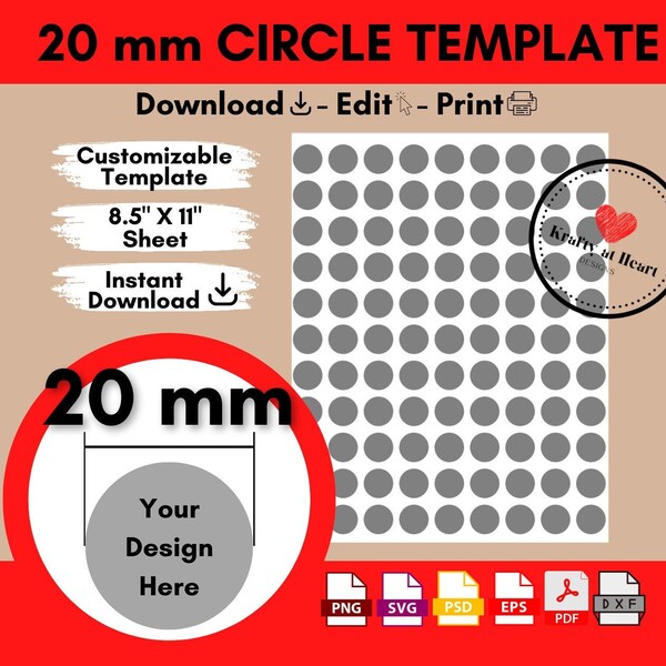 Modèle de cabochon de 20 mm, modèle de cercle, feuille d'autocollant rond vierge, Svg, Png, Psd, Dxf, Eps, Pdf, modifiable, imprimable, bricolage, 8,5 "X11"