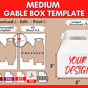 Gable Box Template Medium, Box With Handle Template, Blank Party Favor Gift Box, Wedding Treat Box Svg, Png, Pdf, Editable, Printable, Canva