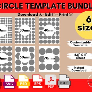 Könnte beinhalten: Ein digitaler Download von sechs Kreisvorlagen in verschiedenen Größen von 20 mm bis 70 mm. Die Vorlagen sind für das Basteln gedacht und liegen in den Dateiformaten PNG, SVG, PSD, EPS, PDF und DXF vor. Das Bild zeigt ein Blatt mit Kreisen in verschiedenen Größen, mit dem Text "Download - Bearbeiten - Drucken" und "6 Größen" sichtbar.