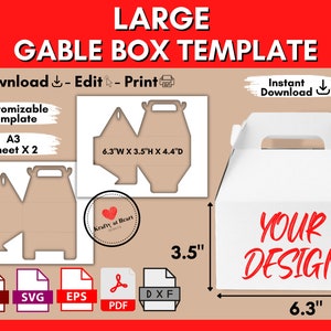 Modelo de caixa de empena grande, caixa com modelo de alça, caixa de presente em branco para lembrancinhas de festa, caixa de presente de casamento Svg, Png, Pdf, editável, para impressão, Canva