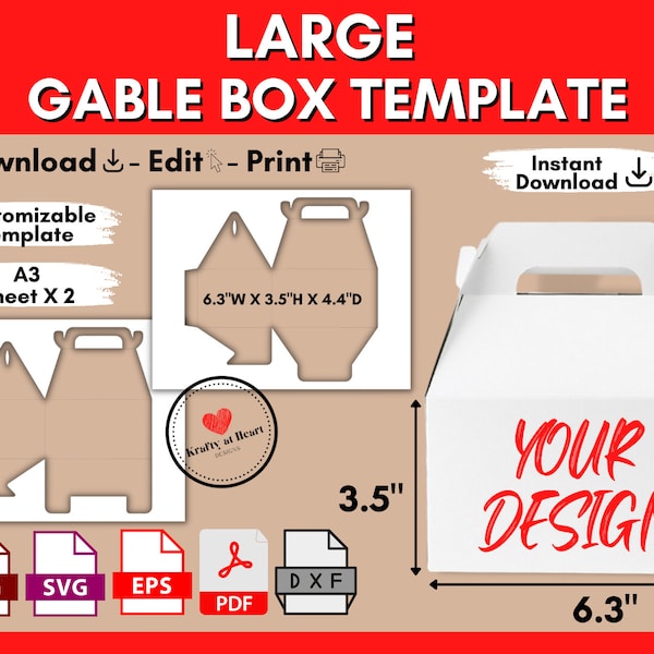 Gable Box Template Large, Box With Handle Template, Blank Party Favor Gift Box, Wedding Treat Box Svg, Png, Pdf, Editable, Printable, Canva