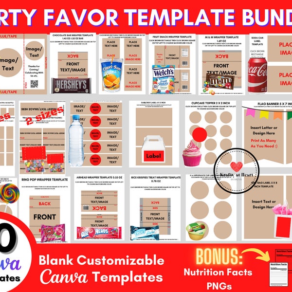 Party Favor Template Bundle, Canva Templates, For Adult and Kids Party, Water Bottle Labels, Chip Bag, Juice Pouch, Chocolate Bar Templates