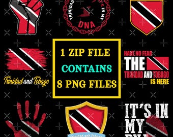 Può includere: Un download digitale di 8 file PNG con vari design con la bandiera di Trinidad e Tobago. I design includono un pugno, un'impronta di mano, uno scudo, un cerchio con la bandiera e le parole "Trinidad e Tobago" in un cerchio, e una grafica di testo che dice "È nel mio DNA".
