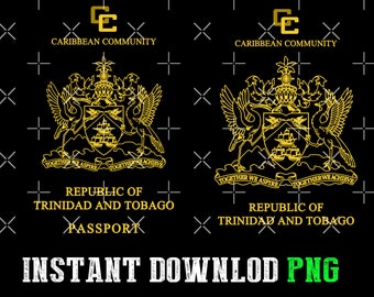 Può includere: Un design di passaporto nero e oro con il testo "CARIBBEAN COMMUNITY" e "REPUBLIC OF TRINIDAD AND TOBAGO PASSPORT". Il design presenta uno stemma con una nave e due uccelli.