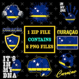 May include: A set of Curaçao-themed graphics on a black background. Designs include the Curaçao flag, a shield, a handprint, a fist, and a football. Text includes "CURAÇAO", "IT'S IN MY DNA", and "1 ZIP FILE CONTAINS 8 PNG FILES".