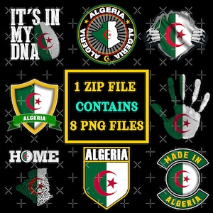 以下が含まれることがあります： アルジェリアの国旗と国章をあしらったデジタルグラフィックのコレクション。指紋、盾、地図、手形のデザインが含まれています。「It's in my DNA」、「Home」、「Made in Algeria」というテキストも含まれています。