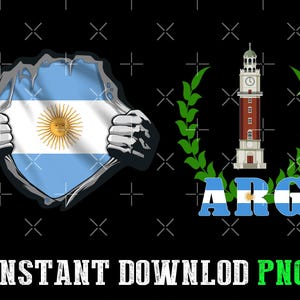 May include: Graphic design featuring the Argentinian flag bursting through a torn surface. Includes a depiction of the Kavanagh building, green laurel branches, and the letters "ARG" in the flag's colors. The words "INSTANT DOWNLOAD PNG" are at the bottom.