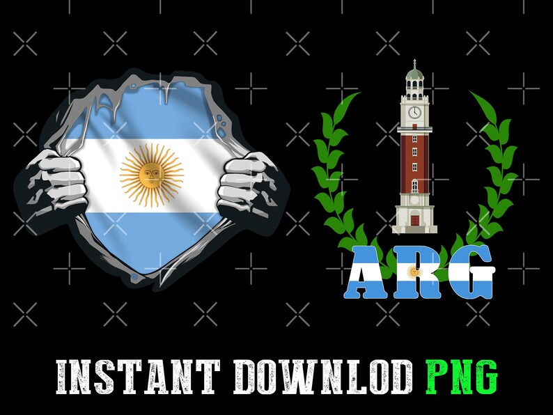 May include: Graphic design featuring the Argentinian flag bursting through a torn surface. Includes a depiction of the Kavanagh building, green laurel branches, and the letters "ARG" in the flag's colors. The words "INSTANT DOWNLOAD PNG" are at the bottom.