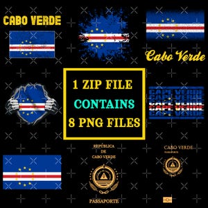 Könnte beinhalten: Ein digitaler Download von 8 PNG-Dateien mit der Flagge von Kap Verde in verschiedenen Stilen. Die Dateien beinhalten eine Flagge mit einem Grunge-Effekt, eine Flagge in Herzform, eine Flagge mit einem Pass-Design und eine Flagge mit dem Text "Kap Verde", der mehrmals wiederholt wird. Der Download enthält auch ein Textfeld mit der Aufschrift "1 ZIP-DATEI ENTHÄLT 8 PNG-DATEIEN".