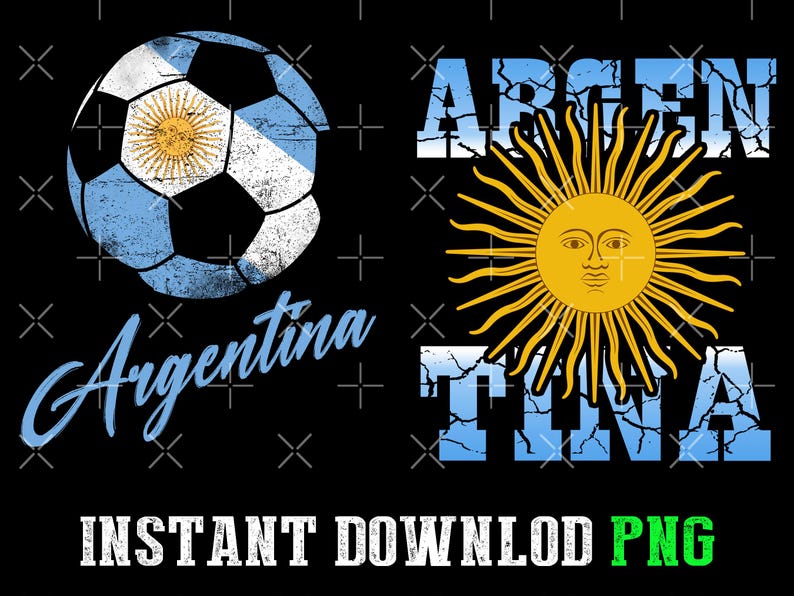May include: Black graphic design featuring a soccer ball and the word "Argentina" in blue script. The word "Argentina" is above the text "INSTANT DOWNLOAD PNG". The image also includes a sun with a face.