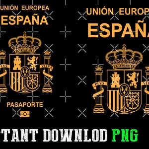 Puede incluir: Un fondo negro con un escudo de armas español dorado y el texto "UNIÓN EUROPEA ESPAÑA PASAPORTE" en dorado. El escudo de armas presenta una corona, un escudo con un castillo, un león y dos pilares con el texto "PLUS ULTRA".