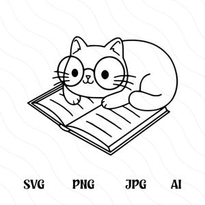 Kätzchen-Svg Png, Kätzchen-Lesebuch SVG-Schnittdatei, niedliche Cartoon-Katze Clipart, entzückende Bücherwurm Kätzchen, Kitty, Katzensilhouette-Karikatur