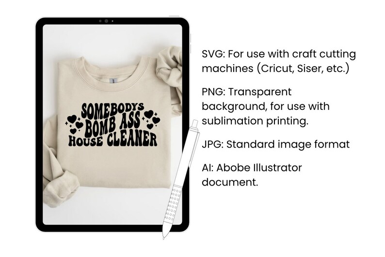 May include: A beige sweatshirt with a black graphic that says "Somebody's Bomb Ass House Cleaner" in a retro font with hearts around the text.