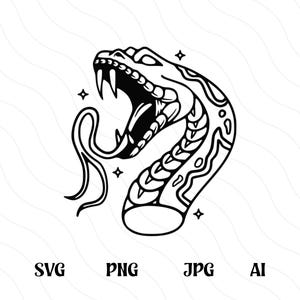 Snake SVG PNG, Snake Head gesneden SVG-bestand, traditionele tattoostijl, Flash Tattoo Design, edgy Goth-clipart, sissende slang, cobrahoofd