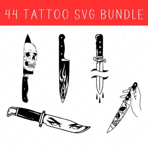 Pu&ograve; includere: Cinque disegni di tatuaggi di coltelli in bianco e nero. I coltelli hanno diversi design, tra cui un teschio, fiamme e occhi.