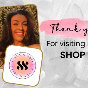 May include: A woman smiles in a photo with a pink and orange logo that says "Savvy & Sweet" with a double "S" in the center. The text "Thank you for visiting my SHOP" is written in black on a pink background.
