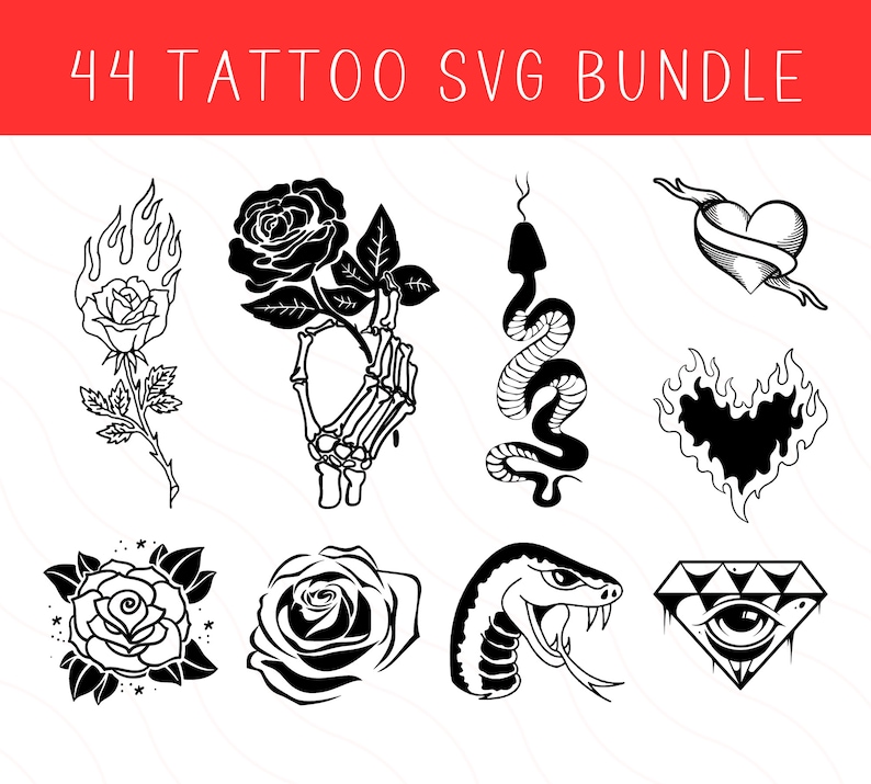 Pu&ograve; includere: Un set di 44 disegni di tatuaggi SVG in bianco e nero. I disegni includono rose, serpenti, cuori e un diamante con un occhio.