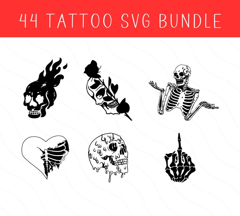 Pu&ograve; includere: Un set di cinque disegni di tatuaggi in bianco e nero con teschi, rose e scheletri. I disegni includono un teschio con fiamme, un teschio con una rosa, uno scheletro con le braccia distese, un teschio con liquido che cola e una mano scheletrica che fa il dito medio.