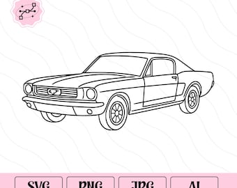 May include: Line drawing of a classic muscle car in black and white. The car has a sleek, low profile with rounded headlights, a prominent grille, and a fastback roofline. The image includes the file type labels: SVG, PNG, JPG, and AI.