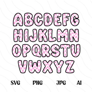 May include: A pink and white checkered alphabet with black outlines. The letters are in a bold, rounded font. The letters are A, B, C, D, E, F, G, H, I, J, K, L, M, N, O, P, Q, R, S, T, U, V, W, X, Y, and Z.