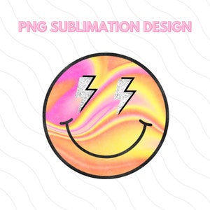 Groovy Smiley Face Sublimation Design | Pink & Yellow Gradient | Glitter Lightning Bolt