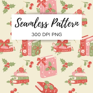 May include: Seamless pattern featuring stacks of books, holly, and Christmas ornaments in red, pink, and green on a cream background. The text "Seamless Pattern 300 DPI PNG" is displayed in a white rectangle.