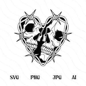 May include: Black and white illustration of two skulls intertwined within a barbed wire heart shape.