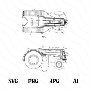 May include: Black and white diagram of a tractor, with top and side views labeled Fig-1 and Fig-2. The diagram includes numbered parts and labels, showing the tractor's design and components. The image also includes the file type labels: SVG, PNG, JPG, and AI.